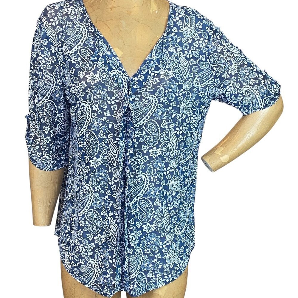PerSeption Concept Floral Paisley Mesh V-Neck Roll-Tab Sleeve Top M Blue #188P